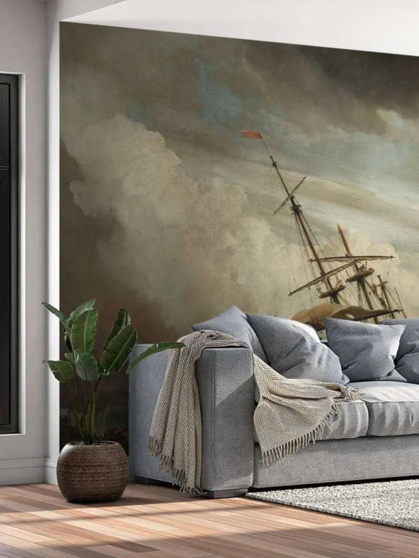 New Een schip in volle zee bij vliegende storm fotobehang Transport | Kunst & Design