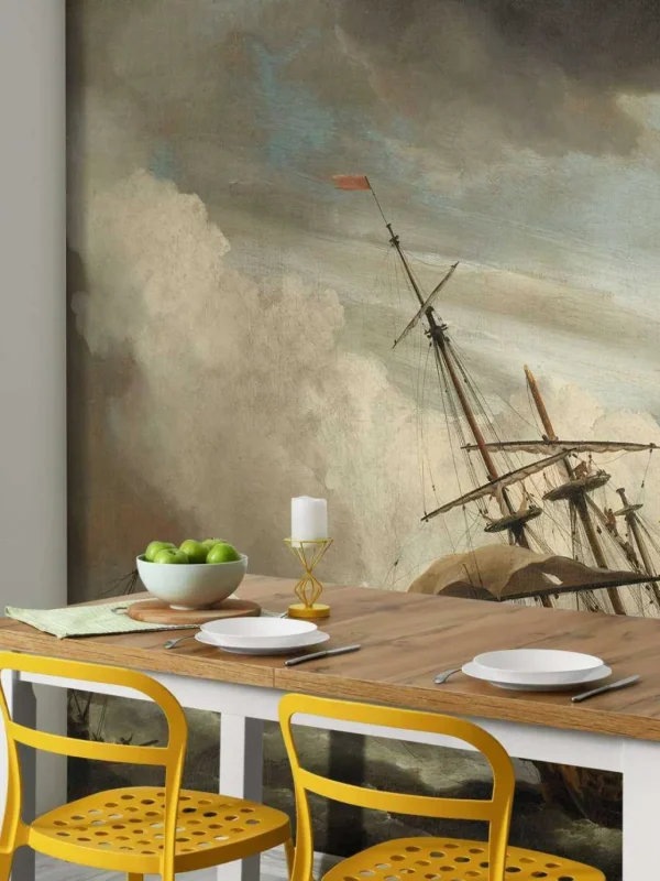 New Een schip in volle zee bij vliegende storm fotobehang Transport | Kunst & Design
