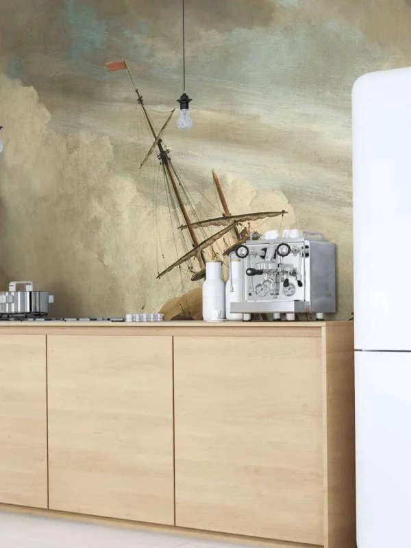 New Een schip in volle zee bij vliegende storm fotobehang Transport | Kunst & Design
