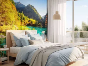 New Een uniek meer tussen de bergen fotobehang Bloemen