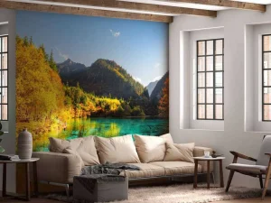 New Een uniek meer tussen de bergen fotobehang Bloemen