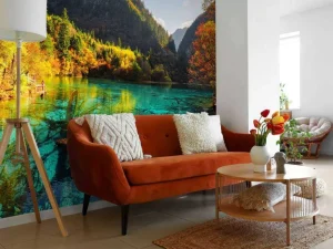New Een uniek meer tussen de bergen fotobehang Bloemen