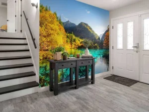 New Een uniek meer tussen de bergen fotobehang Bloemen