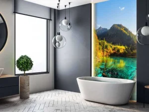 New Een uniek meer tussen de bergen fotobehang Bloemen