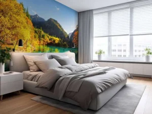 New Een uniek meer tussen de bergen fotobehang Bloemen