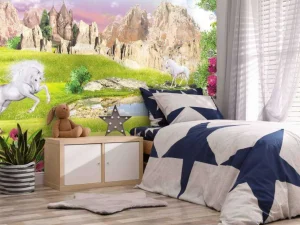 Fashion Eenhoorns in een droomlandschap fotobehang Kinderkamer