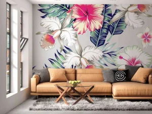 Best Exotische bloemen met een grijze achtergrond fotobehang Keuken | Gang