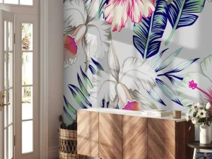 Best Exotische bloemen met een grijze achtergrond fotobehang Keuken | Gang