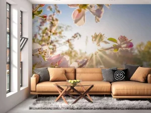 Hot Felle Zon achter Bloesem takjes fotobehang Bloemen