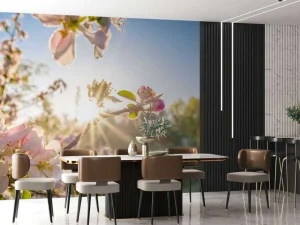 Hot Felle Zon achter Bloesem takjes fotobehang Bloemen