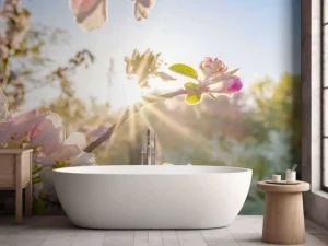 Hot Felle Zon achter Bloesem takjes fotobehang Bloemen