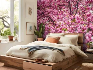 Online Felroze Bloesem fotobehang Bloemen