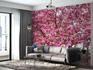Online Felroze Bloesem fotobehang Bloemen