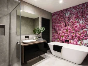Online Felroze Bloesem fotobehang Bloemen