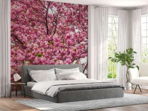 Online Felroze Bloesem fotobehang Bloemen