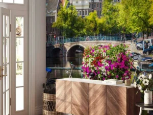 Online Fietsen op een Amsterdamse brug fotobehang Steden | Architectuur
