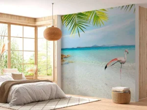 New Flamingo op Tropisch Strand fotobehang Dieren