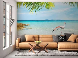 New Flamingo op Tropisch Strand fotobehang Dieren