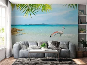 New Flamingo op Tropisch Strand fotobehang Dieren