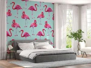 New Flamingo print met een blauwe achtergrond fotobehang Tienerkamer | Dieren