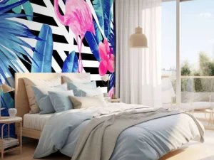Hot Flamingo print met witte en zwarte strepen fotobehang Dieren