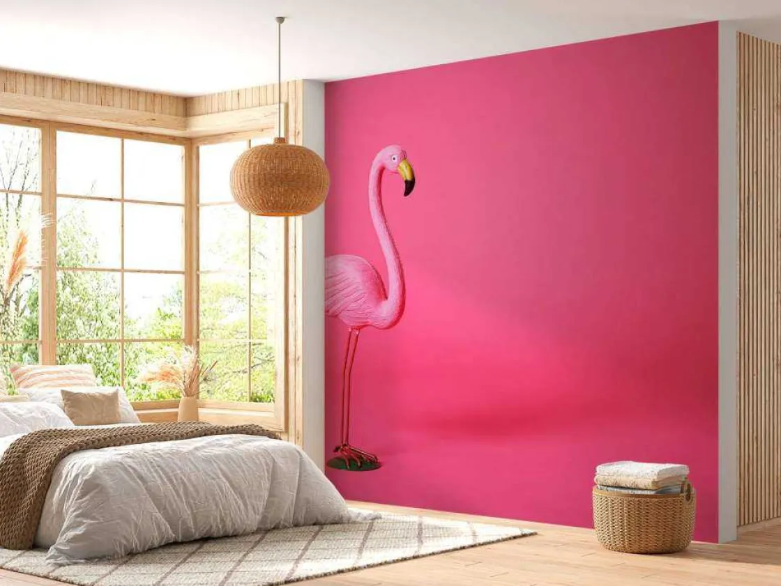 flamingo_van_kunstof_met__1.webp Outlet Flamingo van kunstof met een roze achtergrond fotobehang Tienerkamer | Dieren
