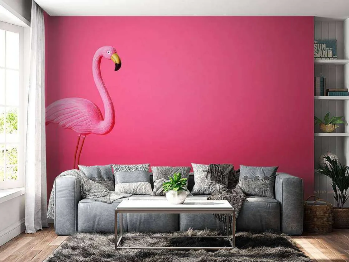 flamingo_van_kunstof_met__2.webp Outlet Flamingo van kunstof met een roze achtergrond fotobehang Tienerkamer | Dieren