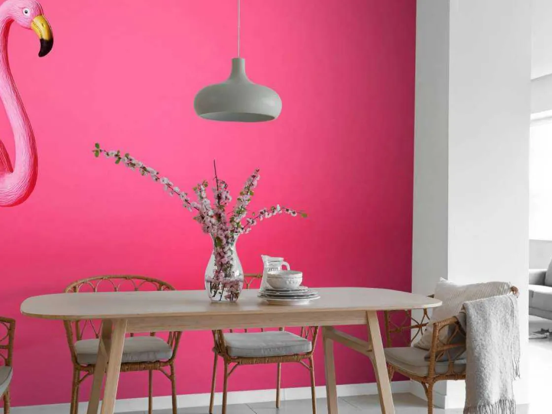 flamingo_van_kunstof_met__3.webp Outlet Flamingo van kunstof met een roze achtergrond fotobehang Tienerkamer | Dieren
