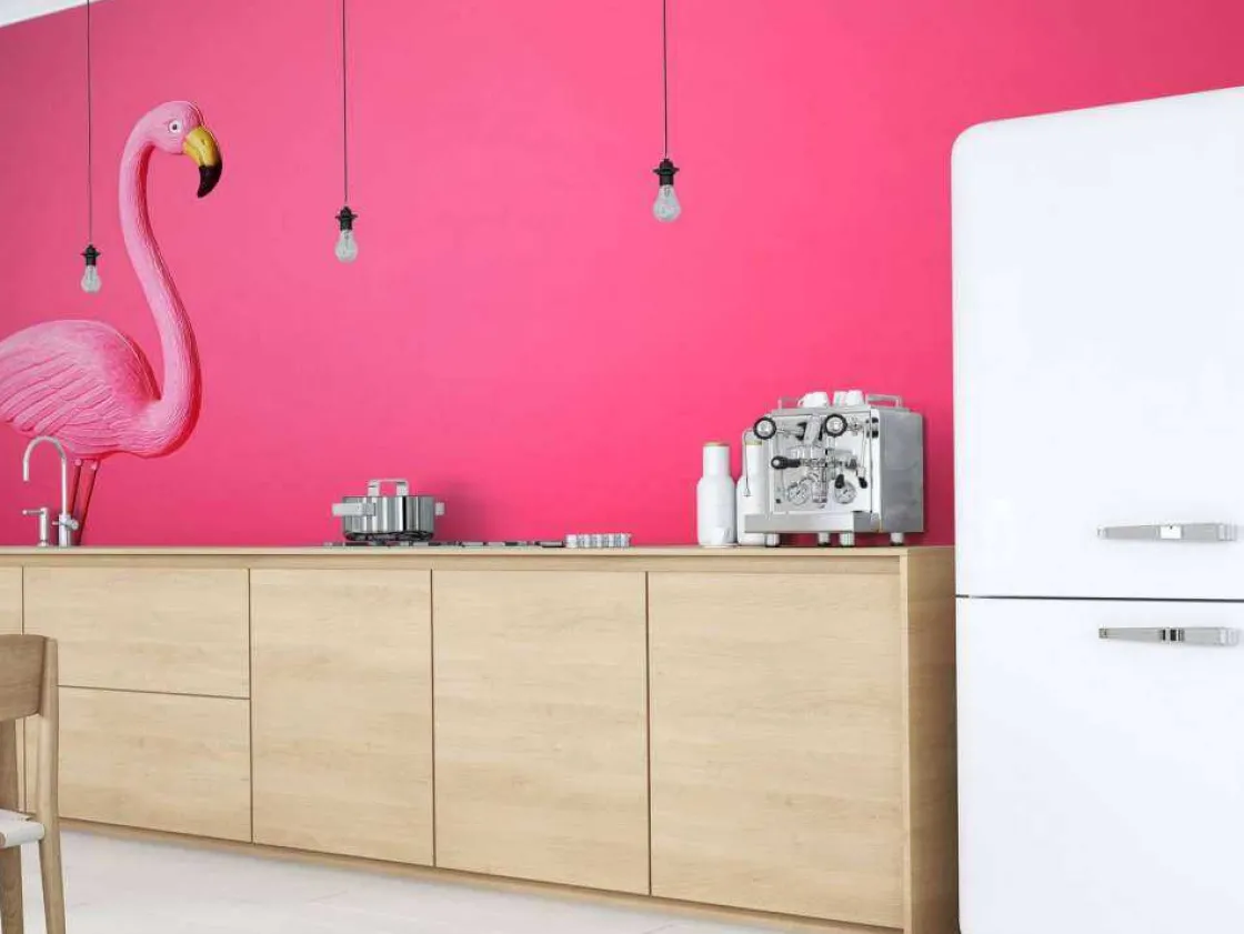 flamingo_van_kunstof_met__5.webp Outlet Flamingo van kunstof met een roze achtergrond fotobehang Tienerkamer | Dieren