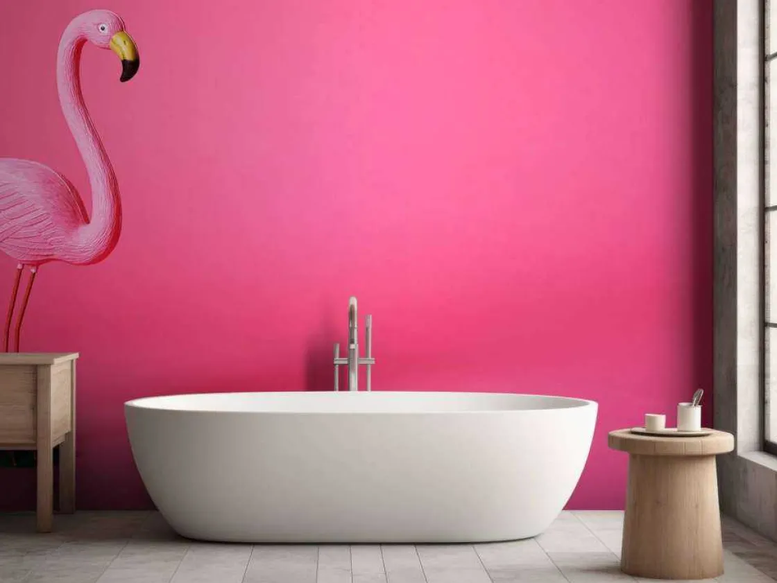 flamingo_van_kunstof_met__8.webp Outlet Flamingo van kunstof met een roze achtergrond fotobehang Tienerkamer | Dieren