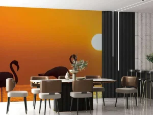 Clearance Flamingo's bij zonsondergang fotobehang Dieren