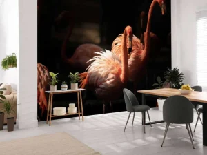 Fashion Flamingo's met een donkere achtergrond fotobehang Tienerkamer | Dieren