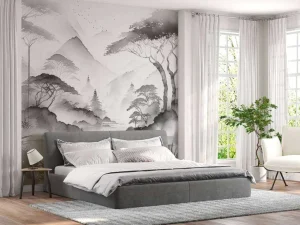 Sale Fotobehang - Bergmeer in Nevelige Inkt Landschappen
