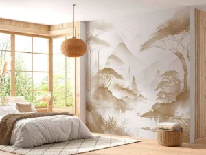 Outlet Fotobehang - Bergmeer in Nevelige Inkt, taupe Landschappen