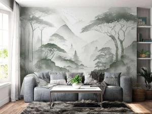 Fashion Fotobehang - Bergmeer in Nevelige Inkt, groen Landschappen