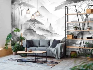 Sale Fotobehang - Bergmeer in Nevelige Inkt Landschappen
