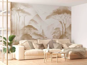 Outlet Fotobehang - Bergmeer in Nevelige Inkt, taupe Landschappen