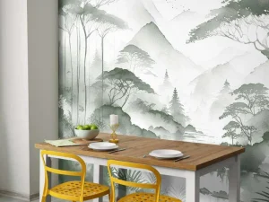 Fashion Fotobehang - Bergmeer in Nevelige Inkt, groen Landschappen