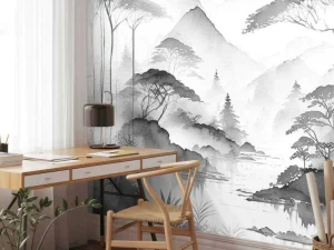 Sale Fotobehang - Bergmeer in Nevelige Inkt Landschappen