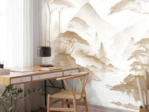 Outlet Fotobehang - Bergmeer in Nevelige Inkt, taupe Landschappen