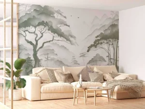 Discount Fotobehang - Mistige Bergvallei, groen Landschappen