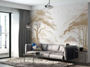 Online Fotobehang - Mistige Bergvallei, taupe Landschappen