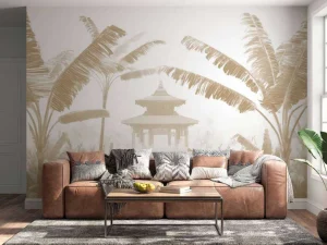 New Fotobehang - Mistige Tempeltuin, taupe Landschappen
