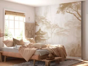 Hot Fotobehang - Nevelig Oosters Paviljoen, taupe Landschappen