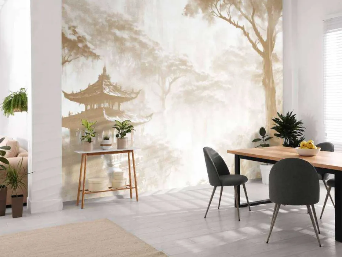 fotobehang__nevelig_ooste_3.webp Hot Fotobehang - Nevelig Oosters Paviljoen, taupe Landschappen