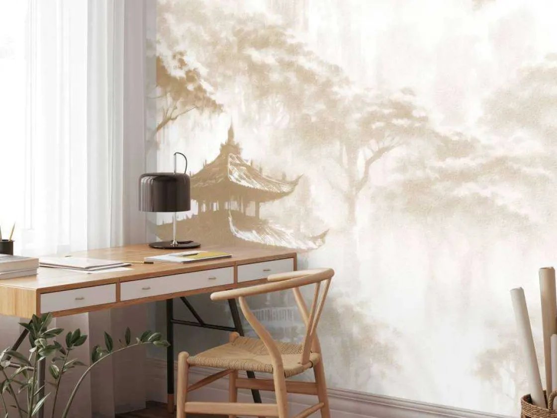 fotobehang__nevelig_ooste_6.webp Hot Fotobehang - Nevelig Oosters Paviljoen, taupe Landschappen