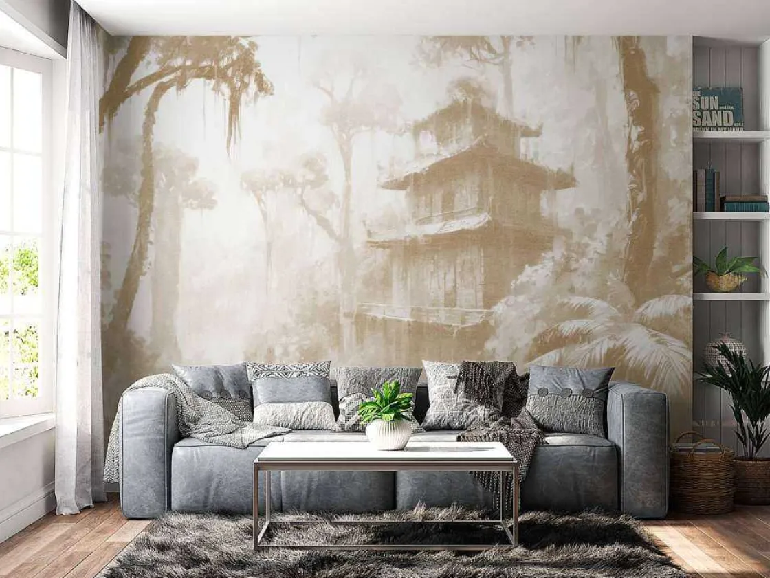 fotobehang__verborgen_hut_2.webp Best Fotobehang - Verborgen hut in Mistig Woud, taupe Landschappen