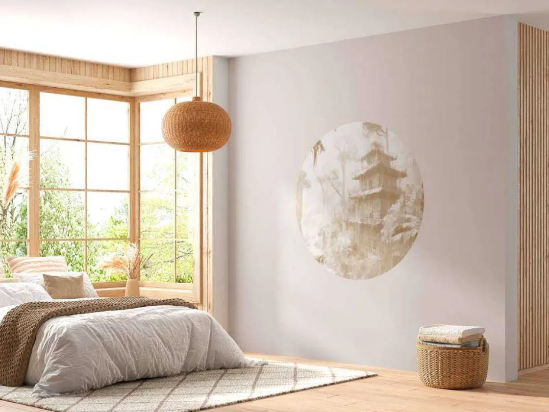 fotobehang__verborgen_hut_5.webp Best Fotobehang - Verborgen hut in Mistig Woud, taupe Landschappen