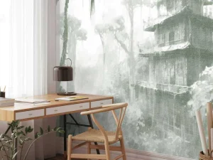 Online Fotobehang - Verborgen hut in Mistig Woud, groen Landschappen