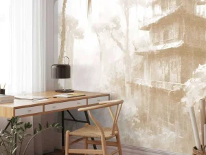 Best Fotobehang - Verborgen hut in Mistig Woud, taupe Landschappen